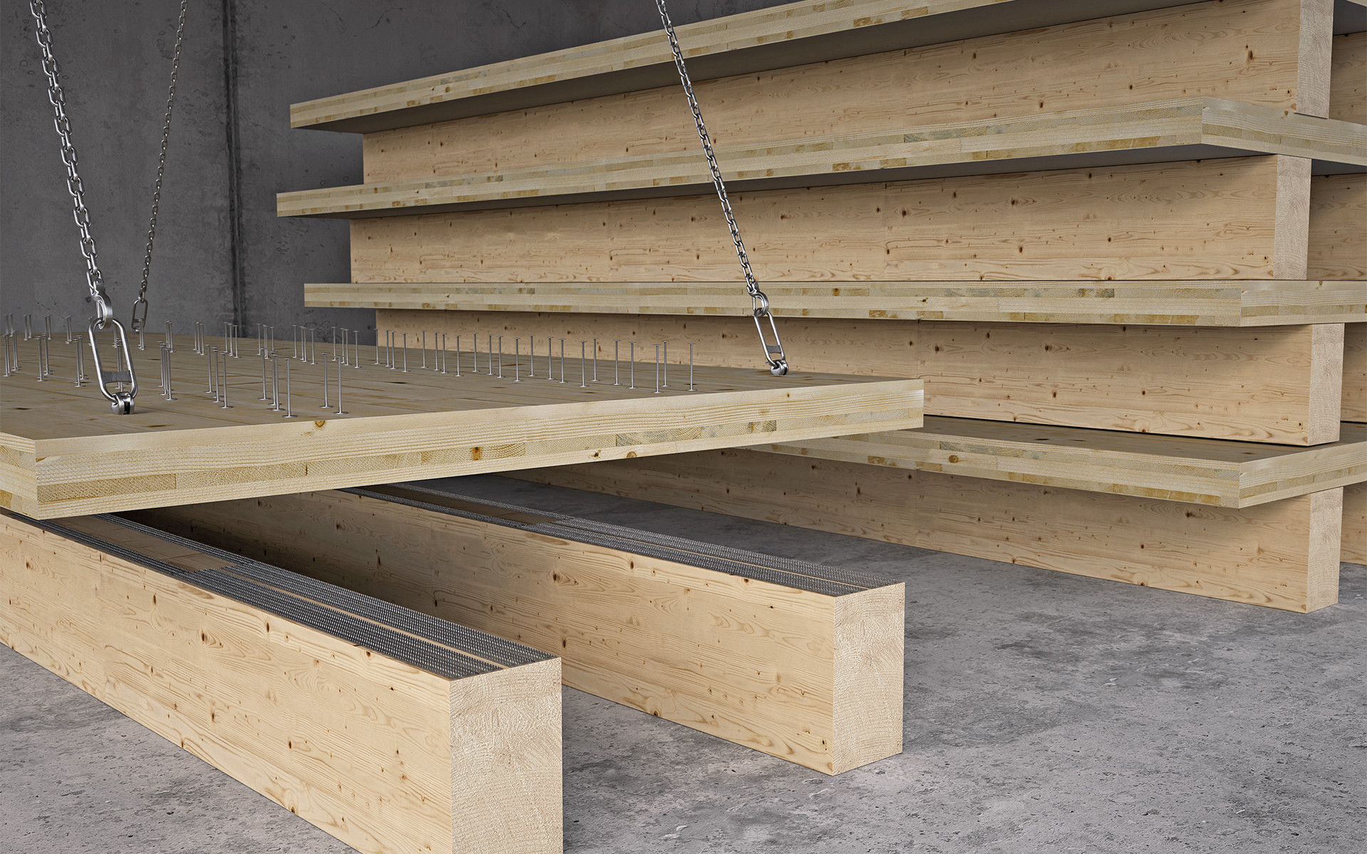 Mass timber beams with SHARP METAL dry connection system during installation 